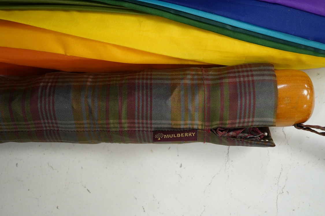 A Mulberry tartan canvas golf case, holdall and umbrella
